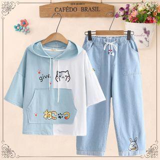 Cat Print Hooded Short-sleeve T-shirt / Rabbit Embroidered Cropped Straight-fit Jeans / Set