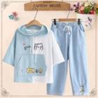 Cat Print Hooded Short-sleeve T-shirt / Rabbit Embroidered Cropped Straight-fit Jeans / Set
