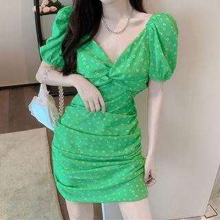 Puff-sleeve V-neck Floral Shirred Dress