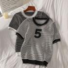 Short-sleeve Striped Number Print Knit Top