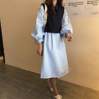 Lantern-sleeve Midi Shirtdress / Polo Collar Vest