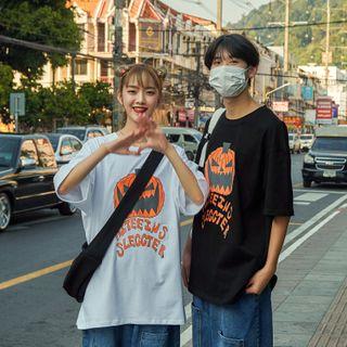 Elbow-sleeve Pumpkin Print T-shirt