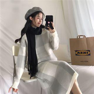 Set: Color-block Check Loose-fit Sweater + Knit Skirt