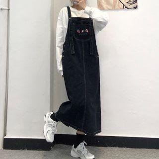 Embroidered Denim Midi Sheath Overall Dress