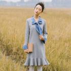 Long-sleeve Tie-neck Knit Dress Gray - One Size