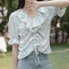 Floral Ruffle Trim Drawstring Cropped Blouse