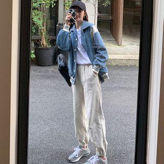 Two-tone Corduroy Button-up Jacket / Plain Harem Pants