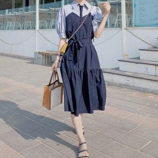 Puff-sleeve Two-tone Midi A-line Shirtdress