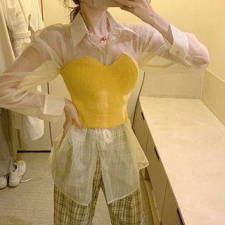Sheer Shirt / Knit Camisole / Plaid Wide-leg Pants / Set