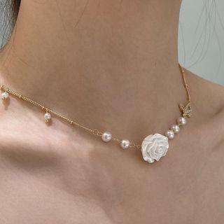 Rose Faux Pearl Alloy Choker 1 Pc - Necklace - White Rose - Gold - One Size