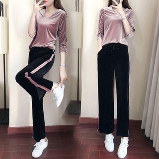 Set: Velvet Elbow-sleeve Top + Drawstring Pants