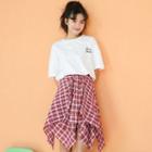Set: Elbow-sleeve Lettering T-shirt + Plaid Tie-front Skirt