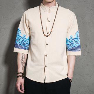 Mandarin Collar Printed Elbow-sleeve Shirt