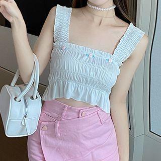 Sleeveless Floral Smocked Top White - One Size