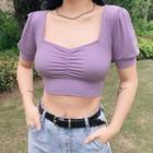 Ruched Puff-sleeve Cropped Knit Top