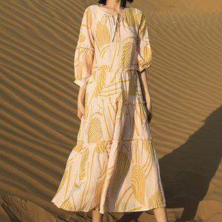 Leaf Print 3/4-sleeve Tiered A-line Midi Dress