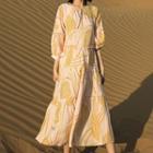 Leaf Print 3/4-sleeve Tiered A-line Midi Dress