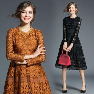 Long-sleeved Crewneck A-line Sheath Plain Dress