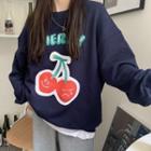Lettering Cherry Print Sweatshirt Navy Blue - One Size