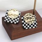 Checkerboard Ear Stud 1 Pair - Gold & Black & White - One Size