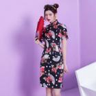 Butterfly Printed Short-sleeve Qipao Dress