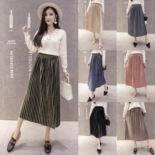 Midi Accordion Pleat A-line Velvet Skirt