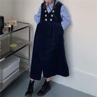 Floral Embroidered Corduroy Midi A-line Overall Dress / Plain Shirt