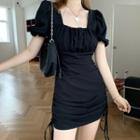 Balloon-sleeve Shirred Drawstring A-line Dress