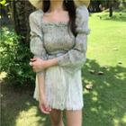 Square-neck Floral 3/4-sleeve Top