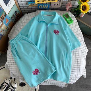 Set: Elbow-sleeve Heart Embroidered Zip-up Jacket + Shorts