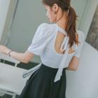 Puff-shoulder Beribboned Cutout-back Top