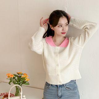 Contrast-collar Waffle Cardigan