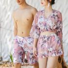 Women Set: Floral Print Bikini + Crop Top + Shorts / Men Floral Print Swim Shorts