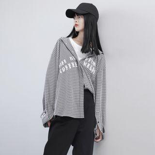 Embroidered Plaid Hooded Blouse