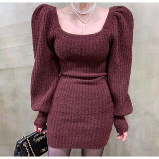 Bishop-sleeve Scoop-neck Knit Mini Bodycon Dress