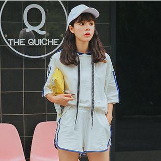 Set: Lettering Strap Elbow Sleeve Hoodie + Shorts