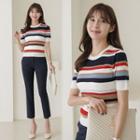 Multicolor-striped Short-sleeve Knit Top