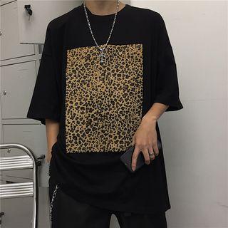 3/4-sleeve Leopard Print T-shirt Black - One Size