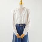 Lace Ruffle Blouse / Denim Button-up A-line Skirt / Waist Chain / Set