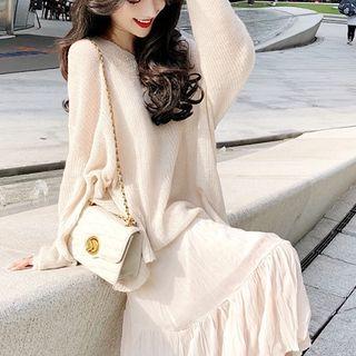 Boxy Knit Pullover/ Spaghetti-strap Midi Crinkle Dress