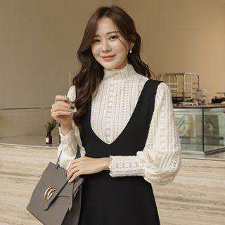 High-neck Lace=trim Blouse