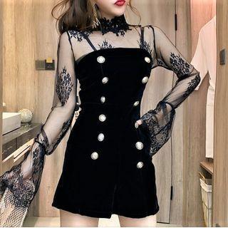 Set: Long-sleeve Mock-neck Lace Top + Spaghetti Strap Romper