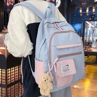 Bear Charm Paneled Canvas Backpack
