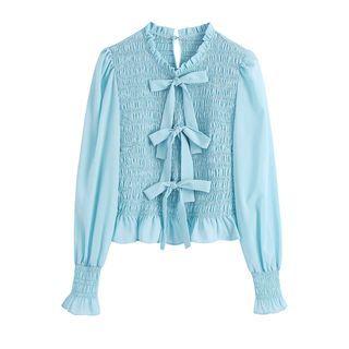 Bow Accent Shirred Blouse