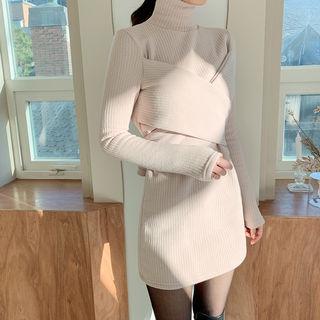Turtle-neck Tie-waist Rib-knit Minidress