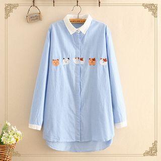 Cat Embroidered Dip-back Long-sleeve Shirt