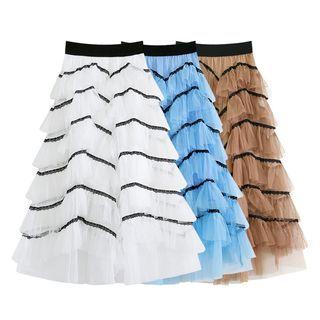 Lace Trim Ruffle Midi A-line Skirt