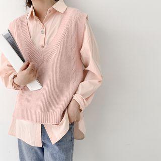 Set: Plain Shirt + V-neck Sweater Vest