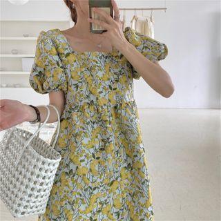 Puff-sleeve Square Neck Floral Printed Dress