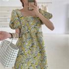 Puff-sleeve Square Neck Floral Printed Dress